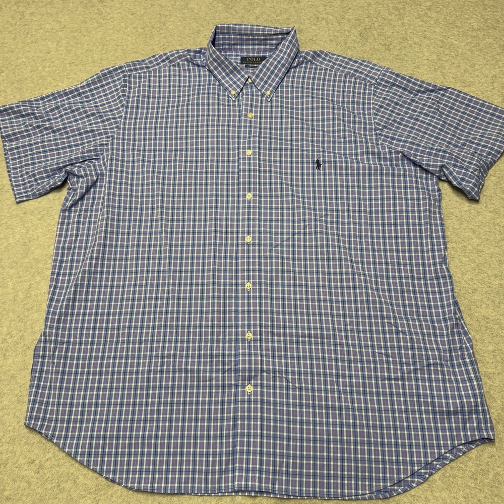 Polo Ralph Lauren Shirt Mens 2XB Blue Plaid Performance Short Sleeve Button Up